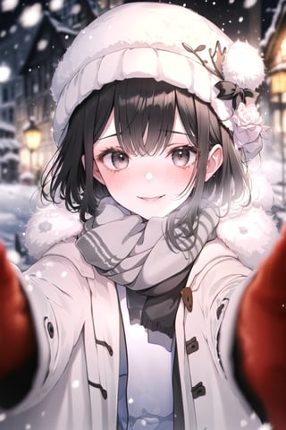 (Gray eyes, black hair, medium hair, wavy hair, small breasts, 1girl), masterpiece, best quality, looking_at_viewer ,IncrsChkWarmingMeme, scarf, snow, smiling, blushing, lovely, hat, winter hat, fluffy hat, 