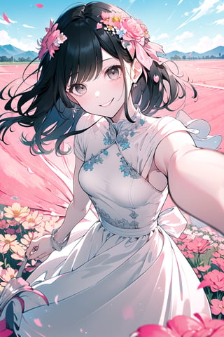 (Gray eyes, black hair, medium hair, wavy hair, small breasts, 1girl), masterpiece, best quality, white dress, looking_at_viewer,  smiling, happy, holding hand,pov, field of flowers, pink theme, day, blue sky,