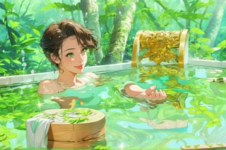 Masterpiece, high-resolution animation, super high-resolution rendering, (one woman), green forest background, woman from the shoulders up in an open-air bath, (beautiful face), pink lips, smiling face, arms and hands stretched out in front, water coming out of a square wooden box, water surface reflecting the green of the forest, steam