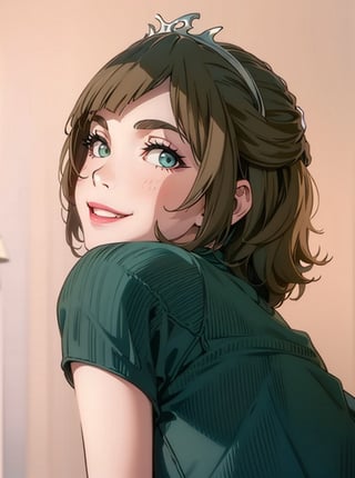 8K quality animation, (high resolution animation), ultra high resolution rendering, (French woman: 1.5), pale pink wall background, (light brown hair color: 1.5), long bangs, (white tiara on the head: 1.5), (turns the body diagonally to the back), face looking back over the shoulder (eyes looking back from the side: 1.5), beautiful eyes, high nose, (smile: 1.5), (mouth slightly open), Pink lips, light green short sleeve dress