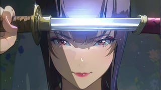 Masterpiece, high-definition animation, super high-definition rendering, (One woman), Japanese sword in front of face, (Brown hair), Long bangs, (Pretty face), Smiling, Pink lips