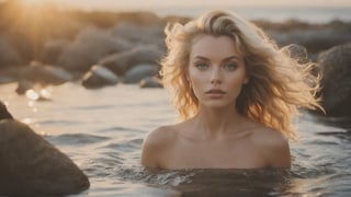 award winning glamour photograph, ((best quality)), ((masterpiece)), ((realistic)), Portrait, frontal view, ((Marilyn Monroe: Michelle Pfeiffer:0.6)), age 22, long hair, detailed skin, intense look into camera, The woman is standing submerged to her nipples in water, nude, water is turbulent, rocks in background, early morning sun, high contrast, vibrant colors, her reflection adding an ethereal touch. Style: Artistic portrait portraying serenity and a connection with nature ,photo of perfecteyes eyes