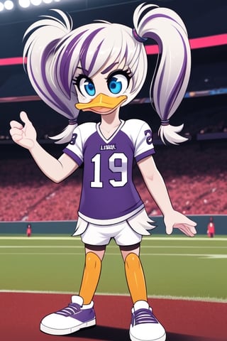 1girl,Gosalyn Mallard, Lena Sabrewing white hair, long _hair, purple_highlights, white_feathers,(twintails:1.2),  ,duck,child,blue eyes,sneakers, standing, football_jersey, white_jersey,cleveland_browns_colored_clothing, cleveland_browns_jersey  art by Tsampikos,D