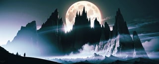 big moon in the background, dark mountain top, very tall dark mountain range, dark jungle at the feet of the mountain, piercing clouds and sky above, devilish aura, mysterious dark fantasy, black mist, rugged mountain, dangerously tall and straight, dangerously snowy mountain top,day,KnollingCaseQuiron style, (((((dark fantasy))))), ultra realistic, 8k, (((luminance))) ,Science Fiction,GlowingRunes_