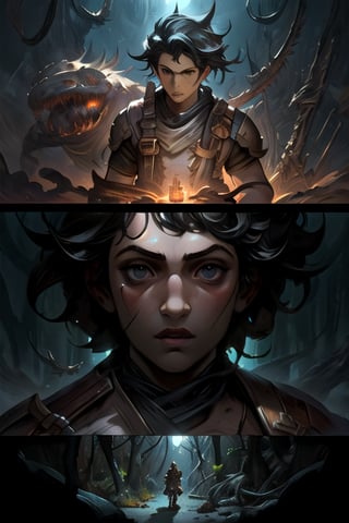 ((cinematic light)), hyper detail, dramatic light, intricate details, A five-year-old middle eastern boy with Hazel eyes, dark power, fantasy jungle, dark background,(psychedelic:1.2), (realistic), (Bioluminescence:0.5), highly detailed, hyper-realistic, by Daniel Gerhartz, perfect artwork, masterpiece, best quality, highres, layered lighting,Detailedface, Detailedeyes, Scenes of chaos,greg rutkowski,no_humans, night,vane /(granblue fantasy/)