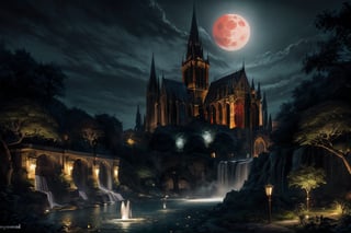 (masterpiece, best quality, high quality, highres, ultra-detailed), (dark fantasy:1.3) , massive red moon in the background, a mystical port city with many gothic cathedral and waterfalls and a lush vegetation and fountains and a beautiful view of the landscape by Raymond Swanland, trending on devianart , gothic , medival , dark theme