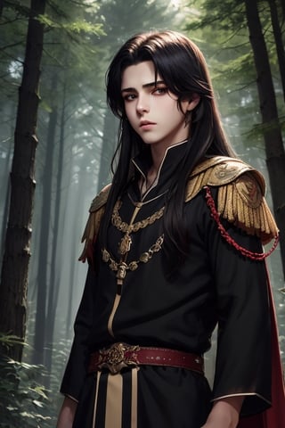 masterpiece, best quality, official art, beautiful and aesthetic),  15 year old boy, black carly long hair, black eyes, black beautiful eyeborws, stoic face, black forest background, glowing eyes and mouth, deep dark forest, long tunic