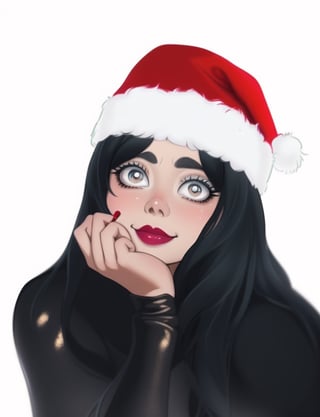 Billie Eilish christmas,Illustration, big eyes, Disney style, big eyes, cartoon style, marker colors, bright colors, sensual pose, big eyes, big lips, gothic makeup, (((big eyes))), diaphanous skin, flushed cheeks, beautiful, smiling, Disney style, big eyes, cartoon style, marker colors,girl,anime