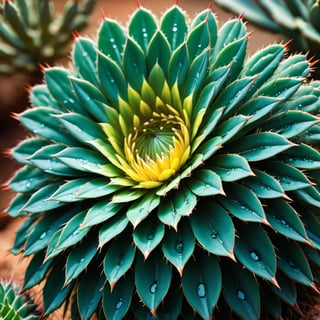 Close-up macro photograph of a cactus with dew drops on the thorns, in the middle of the desert, intricate masterpiece, shadow play, highly detailed, epic, high quality, close-up, professional, highly detailed, macro photography, close-up, hyper detailed, studio photo, intricate details, highly detailed, professional color grading, professional photography, soft shadows, sharp and clean focus