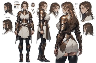 warrior woman, multiple views, character sheet style, front and back view, perfect hips, perfect breast, beautifull face, focus, intrincated leather armor, viking style armor, leather and Steel armor, light brown hair colors, random hair style