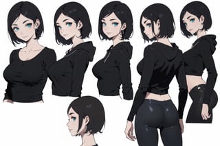 Anime and Manga style, Beautifull woman, mature woman, adult ilustration style,  long tshirt hood cover , wearing  tight yoga leggings, smile, beautifull face,  balanced body, detailed face,(bigbreast), perfect hips , character sheet style, 1girl, round breasts, looking at viewer, short hair, perfect breasts, simple background,dark brown hair, shirt, long sleeves, white background,  green eyes, standing, jacket, perfect ass, earrings, looking back, pants, off shoulder, aqua eyes, multiple views, denim, various photo poses,  various face expressions, sexy neckline, crossed arms, over hands, red and black colors, (multiple views ((front view) and (back view)=, side view), ((front face view, side face view, back face view, upper face view, down face view)) ,midjourney