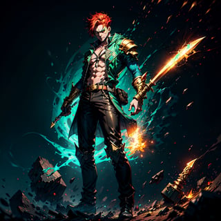 
a man ,cartoon character with red hair and a green hair, concept art , cg society, auto-destructive art, official art,hellish, volumetric cyanotype ,golden dagger,full body shot