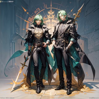 
a man with green hair, concept art, auto-destructive art, official art,hellis,holding golden dagger,full body shot,no_humans