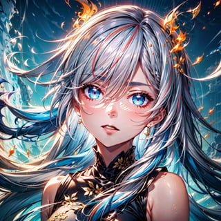 fu hua\bengluofu hua\bengluowhite_hair, blue_eyes, streaked_hair, fu hua, cyan_hair, blue_hair, ice, fiery_hair, hair_between_eyes, multicolored_hair, fu hua\bengluo, fiery_wing,r1ge