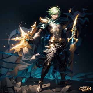 
a man with green hair, concept art , cg society, auto-destructive art, official art,hellis,holding golden dagger,full body shot