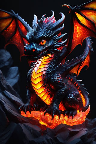 (best quality,8K,highres,masterpiece), ultra-detailed, (super colorful, lava-style) illustration of a Baby Dragon with a fiery and molten appearance. This dragon exudes a radiant glow as if forged from flowing lava, with vibrant, swirling shades of red, orange, and yellow covering its body. Its scales and features resemble molten rock, and its eyes gleam with an intense black ember. The dragon sits proudly on a simple white background, its tail and wings crafted from molten lava-like patterns. This stunning composition captures the essence of a unique and fantastical creature, combining elements of dragon and lava in a mesmerizing fusion of colors and form.