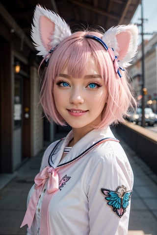 skistyle, 1girl, solo, cute smile, pink hair, animal ears, blue eyes, wings, looking at viewer, bangs, short hair, bow, sailor collar, white sailor collar, hair bow, pink bow, closed mouth, shirt, white shirt, bear ears, bob cut, mini wings, portrait, detached wings, makeup, upper body, city in background
