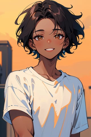 (best quality, 4k, 8k, highres, masterpiece:1.5), ultra-detailed,anime, solo,looking at viewer,smile,short hair,shirt,black hair,1boy,brown eyes,jewelry,white shirt,upper body,male focus,earrings,dark skin,dark-skinned male,very short hair,undercut,buzz cut