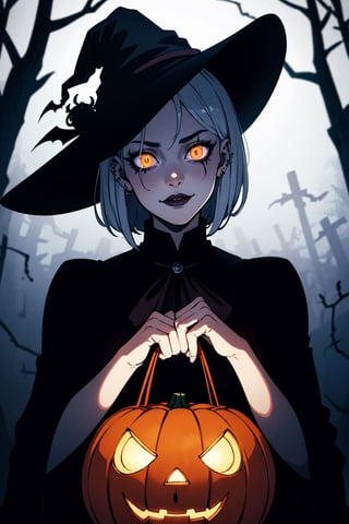 (best quality, highres:1.2), ultra-detailed, realistic:1.37, 4k resolution, anime girl, spooky, creepy look, Halloween makeup, dark background, glowing pumpkin, misty atmosphere, haunted forest, moonlit night, eerie shadows, mysterious aura, intense stare, gothic fashion, witch hat, black cat, supernatural powers, glowing eyes, spiderweb, bats flying, ghostly presence, pale skin, piercing gaze, mystical symbols, eerie lighting, enchanted atmosphere, creepy smile, witchcraft, hauntingly beautiful, magical girl, bone-chilling, macabre elegance, occult elements, ethereal beauty, unsettling aura, horrifying charm, otherworldly, sinister charm