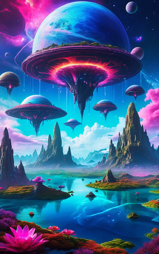 (best quality,8K,highres,masterpiece), ultra-detailed, (alien landscape with floating islands), depiction of an alien landscape featuring floating islands suspended in the air. Each island is covered with strange, luminescent vegetation and inhabited by bizarre alien creatures. The sky is filled with swirling, colorful nebulae and distant planets, creating a surreal and awe-inspiring backdrop. The overall composition is fantastical and imaginative, showcasing the wonders of an alien world.