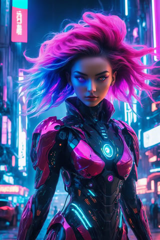 (best quality,4k,8k,highres,masterpiece:1.2),ultra-detailed,(realistic,photorealistic,photo-realistic:1.37),cyborg,1girl,neon hair,niji style,futuristic,electric atmosphere,vibrant colors,glowing lights,metallic reflections,digital enhancements,energetic pose,eye-catching,artificial intelligence,tech-inspired,fluid motion,dynamic composition,sci-fi elements,urban setting,gritty background,dystopian vibes,edgy fashion,cyberpunk aesthetics,holographic effects,retro-futurism,synthetic beauty,neon signs,rich textures,immersive experience,advanced technology,cybernetic enhancements,otherworldly,expressive eyes,mechanical details,modern art,unique perspective,experimental,cosmic energy,nanoscale implants,ethereal presence,augmented reality,creative expression,limitless possibilities