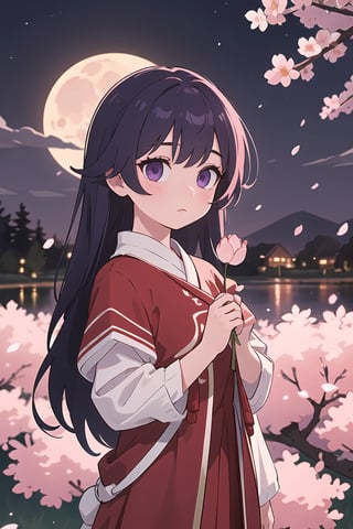 (best quality, 8K, ultra-detailed, masterpiece), (ultra-realistic, photorealistic), A mesmerizing scene featuring a lone girl with enchanting purple eyes, standing against a serene night background. The moon illuminates the surroundings, casting a soft glow on the cherry blossoms in full bloom. The girl is adorned in red fluffy clothes, creating a striking and dreamlike composition.