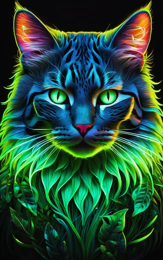 A vibrant and hyper-detailed portrait of a cat's face illuminated with neon light. Its face is adorned with intricate, glowing floral patterns and botanical elements. Its eyes are glowing neon green, and its fur is highlighted with neon light. The background is dark, enhancing the glow of the neon details. The overall style is a fusion of neon art and botanical motifs, creating a mesmerizing and surreal composition. (hyper-detailed, neon light, glowing floral patterns, botanical elements, neon green eyes, neon-highlighted fur, dark background, fusion of neon art and botanical motifs, mesmerizing, surreal)