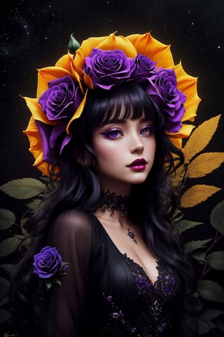 A mesmerizing splash art masterpiece, (A starry black rose flower illuminated against a dark and mysterious background:1.3), Crafted with an aesthetic design that captures the essence of beauty and enigma, (An artistic creation beyond compare:1.3), Highly detailed petals and intricate celestial elements, all rendered in a captivating dark tone, (A darkly enchanting vision:1.3), This artwork exudes a sense of otherworldly charm and elegance, (Aesthetic excellence in every stroke:1.3), A true testament to artistic prowess, it stands as a striking representation of the surreal and the beautiful.