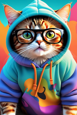 best quality,ultra-detailed,(realistic:1.37),(photorealistic:1.37),(4k:1.2),(8k:1.2),(highres:1.2),(masterpiece:1.2),funny,cat with silly expression,silly expedition with a curious cat,wearing hoodie and sunglasses,vector illustration,colorful background,silly cat portrait