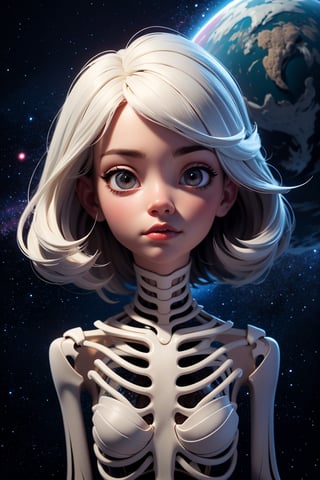 (best quality,8K,highres,masterpiece), ultra-detailed, featuring a woman with her face obscured by a grey square, set against a cosmic, star-filled background. The woman appears to be wearing or integrated with an intricate skeletal structure that is white and somewhat luminescent. The cosmic backdrop bathes the scene in a mesmerizing array of stars and galaxies, creating a sense of vastness and wonder. The obscured face adds an air of mystery and intrigue, inviting viewers to ponder the hidden depths of the character's identity. Meanwhile, the intricate skeletal structure adds a touch of ethereal beauty and symbolism, hinting at themes of mortality, transformation, and the interconnectedness of all things. This artwork is a captivating exploration of the human form amidst the cosmic expanse, blending elements of mystery, beauty, and cosmic wonder.