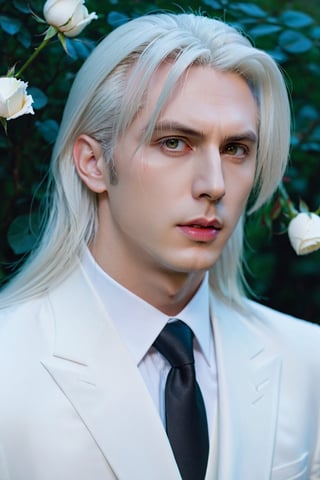 masterpiece, highest quality, (solo focus), (perfect face:1.1), (high detail:1.1), (hyper detailed eyes), dramatic, a guy with pale skin and long voluminous white hair, white eyes, solo, long hair, Sephiroth, moon, night, white luxury suit, covered navel, pouty lips, fur, arrogant expression, Rose Garden, detailed background, art by artgerm, cinematic lighting, roses, fashion, BalenciagaStyle