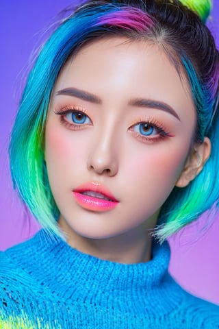 realistic,detailed,anime-style,1girl,beautiful detailed eyes,beautiful detailed lips,extremely detailed eyes and face,long eyelashes,Sweater,order,Blue gradient background,Neon hair,Textured crop,Canadian,(masterpiece:1.2),(best quality),(niji style),vivid colors