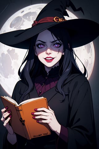 (best quality,4k,8k,highres,masterpiece:1.2),ultra-detailed,(realistic,photorealistic,photo-realistic:1.37),creepy,spooky,halloween theme,anime girl,halloween makeup,detailed eyes,detailed lips,long eyelashes,wavy black hair,evil smile,bloody red lipstick,gloomy atmosphere,haunted background,glowing pumpkin,witch hat,black robe,eerie lighting,horror anime style,dark purple color palette,ghostly aura,scary expression,menacing grin,sinister vibe,gothic aesthetic,witchcraft,witchy vibes,cobwebs,spellbook,curled horns,witchy cat,full moon,haunted mansion,trick or treat,spider webs,creepy crawlies,nightmare fuel