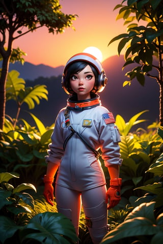 An astronaut in an orange astronaut outfit, standing against a sunset background. The astronaut is positioned front facing and is shown from the waist up. The sunset provides a warm and vibrant color palette. The scene is surrounded by lush plants, adding a touch of nature to the composition. The image quality is top-notch and high-resolution, with ultra-detailed features. The style of the artwork is realistic, with vivid colors and professional craftsmanship. The lighting accentuates the astronaut's figure, creating a captivating atmosphere