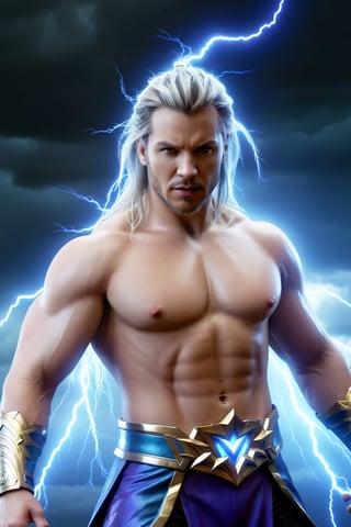 (best quality, UHD, ultra-detailed, masterpiece), (ultra-realistic, photorealistic), A breathtaking UHD portrait depicting the imposing Thunder God, his electrifying lightning strikes illuminating the sky in vibrant violet and cyan hues. Rendered with the precision of the Luminous Studio graphics engine and the brilliance of Octane render, the scene is enveloped in a cloudy haze, with fiery embers dancing around his thunderous crown.