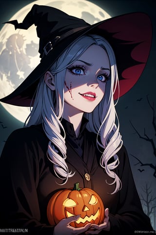 (best quality,4k,8k,highres,masterpiece:1.2),ultra-detailed,(realistic,photorealistic,photo-realistic:1.37),creepy,spooky,halloween theme,anime girl,halloween makeup,detailed eyes,detailed lips,long eyelashes,wavy black hair,evil smile,bloody red lipstick,gloomy atmosphere,haunted background,glowing pumpkin,witch hat,black robe,eerie lighting,horror anime style,dark purple color palette,ghostly aura,scary expression,menacing grin,sinister vibe,gothic aesthetic,witchcraft,witchy vibes,cobwebs,spellbook,curled horns,witchy cat,full moon,haunted mansion,trick or treat,spider webs,creepy crawlies,nightmare fuel