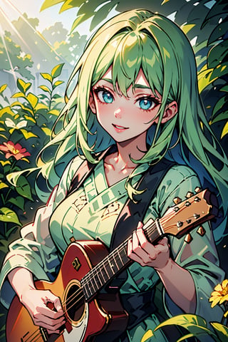 (best quality, 4k, highres), vibrant colors, lively atmosphere, anime-style, portraits, beautiful detailed eyes, charming smile, long flowing hair, stylish clothes, confident pose, sunlight filtering through leaves, colorful flowers, lush green garden, intricate guitar details, harmonious composition, expression of joy and passion.