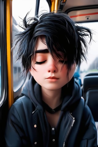 1girl, looking at viewer, short hair, shirt, black hair, hair between eyes, closed mouth, jacket, upper body, medium hair, hood, black eyes, thick eyebrows, messy hair, motor vehicle, train interior, bus