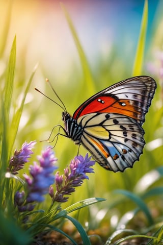 (best quality,8K,highres,masterpiece), ultra-detailed,photorealistic,macro photography, depth of field,grass,colorful,butterfly,plant