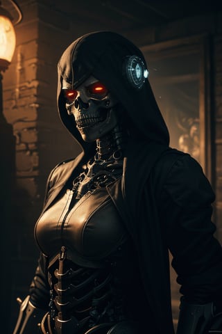 (Very detailed 8K wallpaper), A masterfully detailed portrait of a sinister necromancer, their face shrouded in darkness, a cyborg skeleton companion lurking ominously in the shadows. The artwork is rendered in a highly detailed and dramatic steampunk fantasy style, featuring a retro-futuristic female robot with intricate design elements.