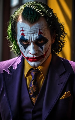 (best quality,highres,masterpiece:1.2),ultra-detailed,(portrait,joker,man,creepy look,detailed eyes,shallow depth of field,vignette,highly detailed,high budget Hollywood film),(best quality,4k,8k,highres,masterpiece:1.2),ultra-detailed,(realistic,photorealistic,photo-realistic:1.37),portraits,sharp focus,physically-based rendering,professional,vivid colors,bokeh,studio lighting,creepy color tones,subtle shadows