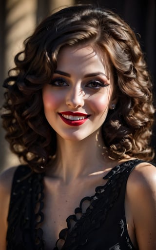 (best quality,4k,8k,highres,masterpiece:1.2),ultra-detailed,(realistic,photorealistic,photo-realistic:1.37), woman, beautiful smile,smiling face,detailed eyes,detailed lips,delicate nose,soft skin,brown wavy hair,elegant posture,feminine charm,graceful dress,fine details,gorgeous background,vibrant colors,subtle lighting,portraits