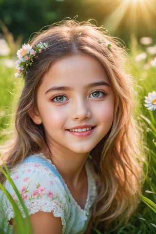 (best quality,4k,8k,highres,masterpiece:1.2),ultra-detailed,(realistic,photorealistic,photo-realistic:1.37),beautiful detailed eyes,beautiful detailed lips,extremely detailed eyes and face,longeyelashes,little girl,cute girl,cute smile,outdoor,illustration,pastel colors,soft lighting,happy expression,green garden,flowers,grass, sunshine