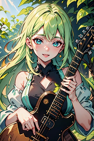 (best quality, 4k, highres), vibrant colors, lively atmosphere, anime-style, portraits, beautiful detailed eyes, charming smile, long flowing hair, stylish clothes, confident pose, sunlight filtering through leaves, colorful flowers, lush green garden, intricate guitar details, harmonious composition, expression of joy and passion.