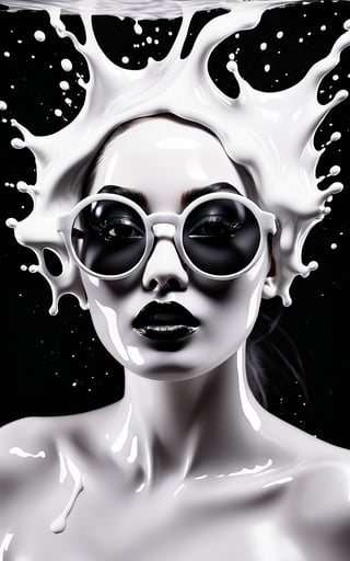 (best quality, 4K, 8K, high-resolution, masterpiece, ultra-detailed, photorealistic), a [woman] with a black face wearing large round [white] glasses, [white] liquid splashing all around, the liquid appears to be thick and glossy, surreal and abstract design, vibrant and bright [white] dominating the image, high contrast between the black face and [white] liquid, the liquid looks like it's melting or dripping off the glasses and face, intense and dynamic visual composition, modern and futuristic art style, dramatic lighting, bold and striking visual elements.