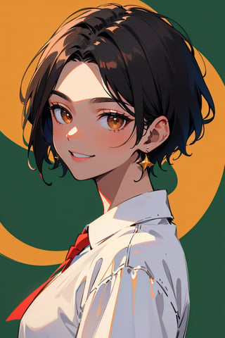 (best quality, 4k, 8k, highres, masterpiece:1.5), ultra-detailed,anime, solo,looking at viewer,smile,short hair,shirt,black hair,1boy,brown eyes,jewelry,white shirt,upper body,male focus,earrings,dark skin,dark-skinned male,very short hair,undercut,buzz cut