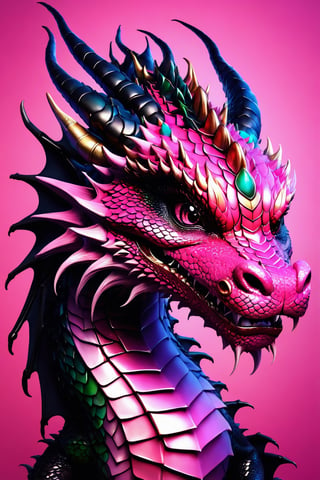 (best quality,8K,highres,masterpiece), ultra-detailed, (super colorful, pink dragon face), featuring the delightful and vibrant visage of a baby dragon. This enchanting dragon, with a cheerful smile, captivates the viewer as it gazes directly into their eyes. The background is a simple yet vivid white, accentuating the dragon's presence. Its expressive eyes, composed of deep black, are surrounded by a dazzling array of shades of pink that adorn its face, creating a mesmerizing and harmonious display of color. The dragon's distinctive features, including its unique head wings, fuse seamlessly into this radiant and fantastical portrayal of a pink dragon's face.