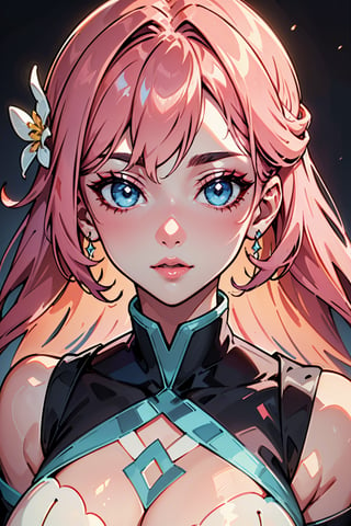 (Detailed Lights, Detailed Shadows), 1Woman, Pink Colored Hair, Close-up, Portrait, (Light Blue Colored Eyes), Extremely Detailed Clothes, ((Modern Clothes)), Beautiful Hair, Muscular, Hair Down, Extremely Detailed Background, Beautiful Background, (Long Hair), MakeUp, Pokemon Trainer, A White Flower on the Head