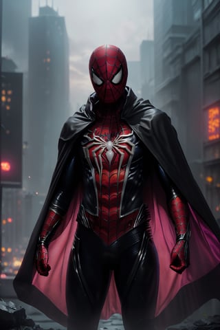 (Breathtaking 8K concept art), (Spiderman in a sleek Pink and Black armored suit, unmasked, with a flowing black cape:1.3), Against a detailed night cityscape, bathed in natural volumetric lighting, reminiscent of artistic visionaries like Greg Rutkowski, (A masterpiece trending on ArtStation:1.3).