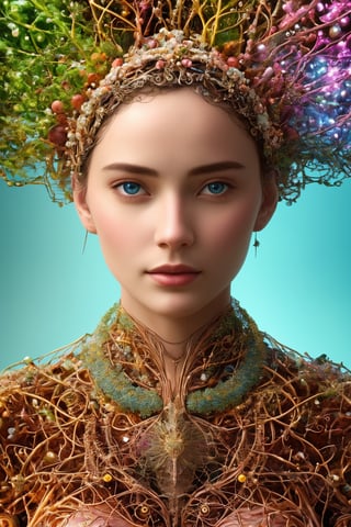 (best quality,8K,highres,masterpiece), ultra-detailed, (photo-realistic, lifelike) cinematic close-up photograph of a captivating neural network organism. This ethereal creation seamlessly merges the features of a divine woman with an intricate anatomical face, showcasing mesmerizing biomechanical details. The high-resolution image captures the essence of a surreal fusion between biology and technology, creating a true masterpiece that invites viewers into a world of wonder and intrigue.